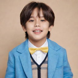 A child version of BTS V, showcasing his iconic fashion style and playfully charming expression