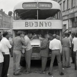 A bustling scene of a broken down bus being repaired by a technician while a couple passionately kisses and other passengers celebrate joyously.