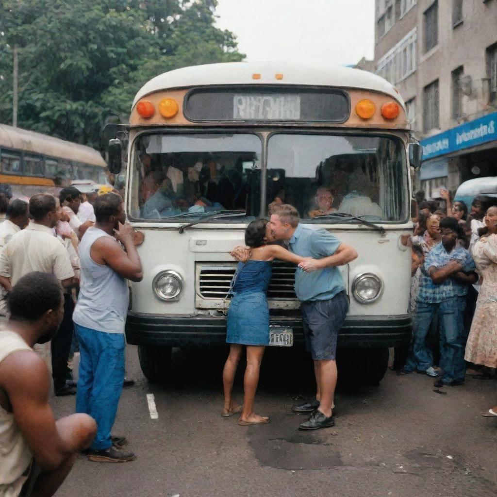 A bustling scene of a broken down bus being repaired by a technician while a couple passionately kisses and other passengers celebrate joyously.