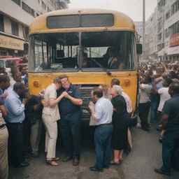 A bustling scene of a broken down bus being repaired by a technician while a couple passionately kisses and other passengers celebrate joyously.