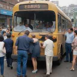 A bustling scene of a broken down bus being repaired by a technician while a couple passionately kisses and other passengers celebrate joyously.