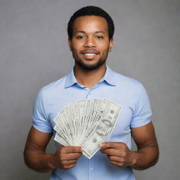 An individual man standing with a hundred dollar bills fanned out in his hand