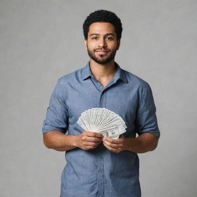 An individual man standing with a hundred dollar bills fanned out in his hand