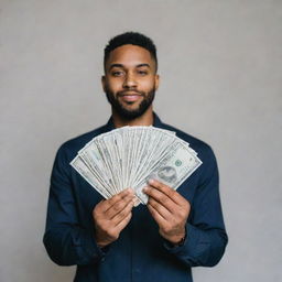 An individual man standing with a hundred dollar bills fanned out in his hand