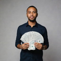 An individual man standing with a hundred dollar bills fanned out in his hand