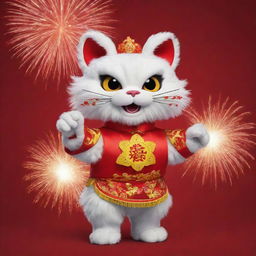 A cartoon cat dressed in a Chinese lion dance costume with red fireworks