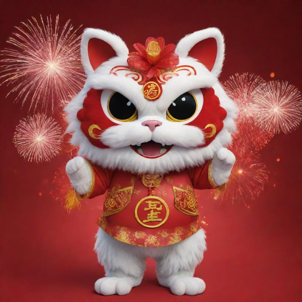 A cartoon cat dressed in a Chinese lion dance costume with red fireworks