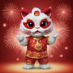 A cartoon cat dressed in a Chinese lion dance costume with red fireworks