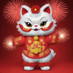 A cartoon cat dressed in a Chinese lion dance costume with red fireworks