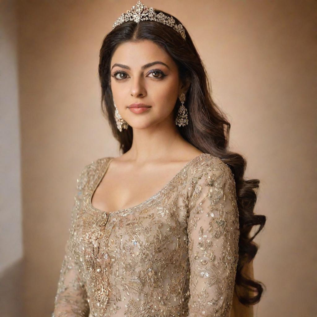 Kajal Agrawal dressed in an elegant, regal ensemble, embodying the majesty and grace of a queen