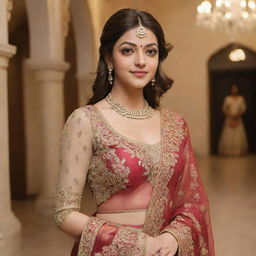 Kajal Agrawal dressed in an elegant, regal ensemble, embodying the majesty and grace of a queen