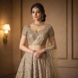 Kajal Agrawal dressed in an elegant, regal ensemble, embodying the majesty and grace of a queen