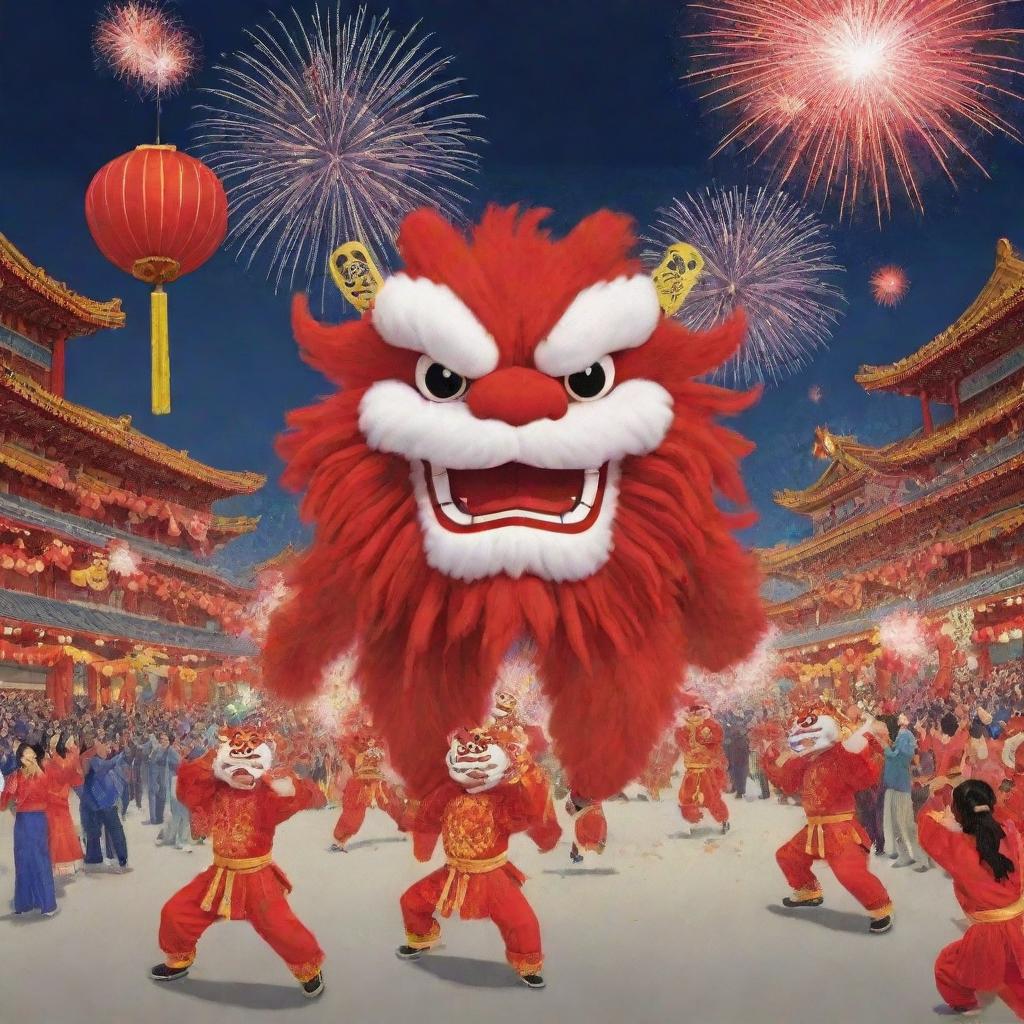 A cartoon scene of a traditional Chinese celebration featuring a prominent red lion dance and fireworks