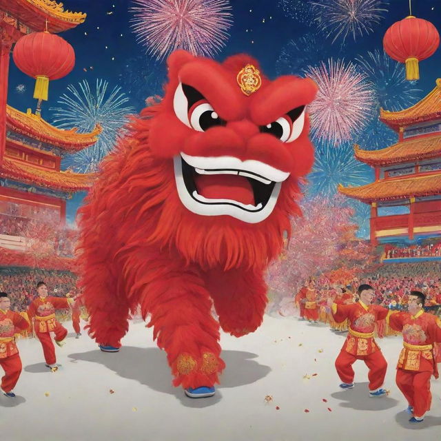 A cartoon scene of a traditional Chinese celebration featuring a prominent red lion dance and fireworks