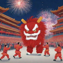 A cartoon scene of a traditional Chinese celebration featuring a prominent red lion dance and fireworks