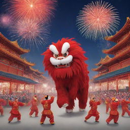 A cartoon scene of a traditional Chinese celebration featuring a prominent red lion dance and fireworks