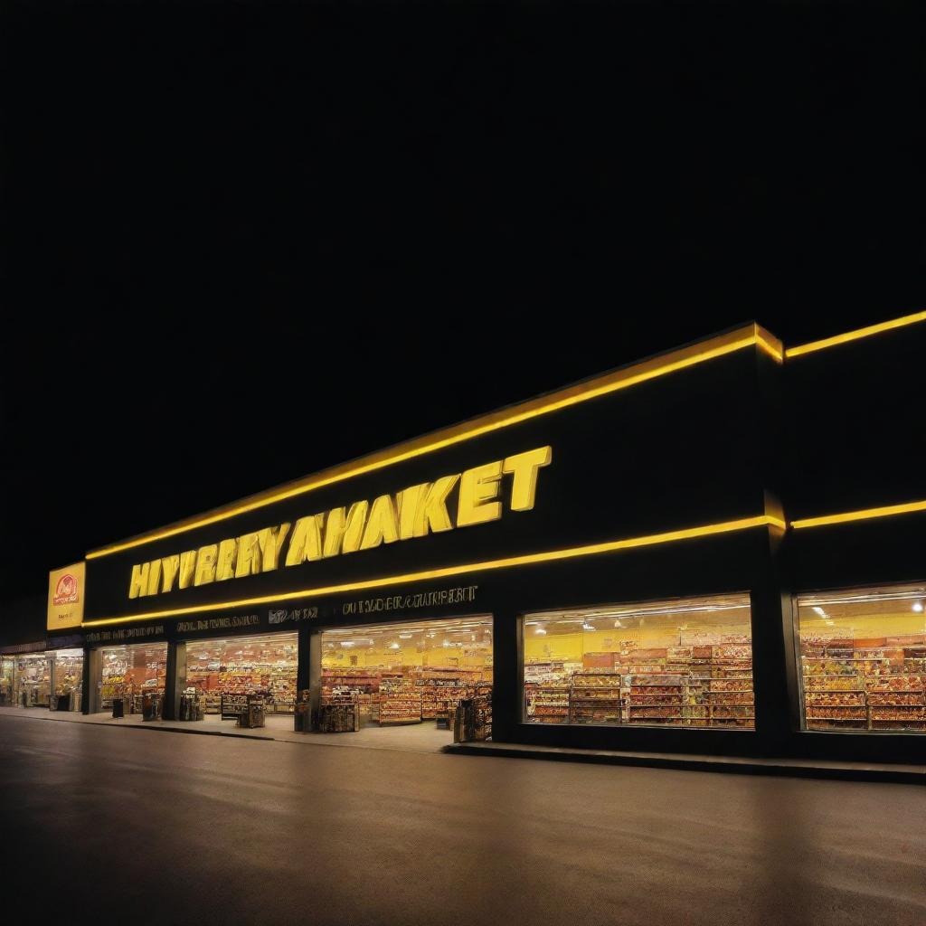 A golden hypermarket shining bright against a stark black background