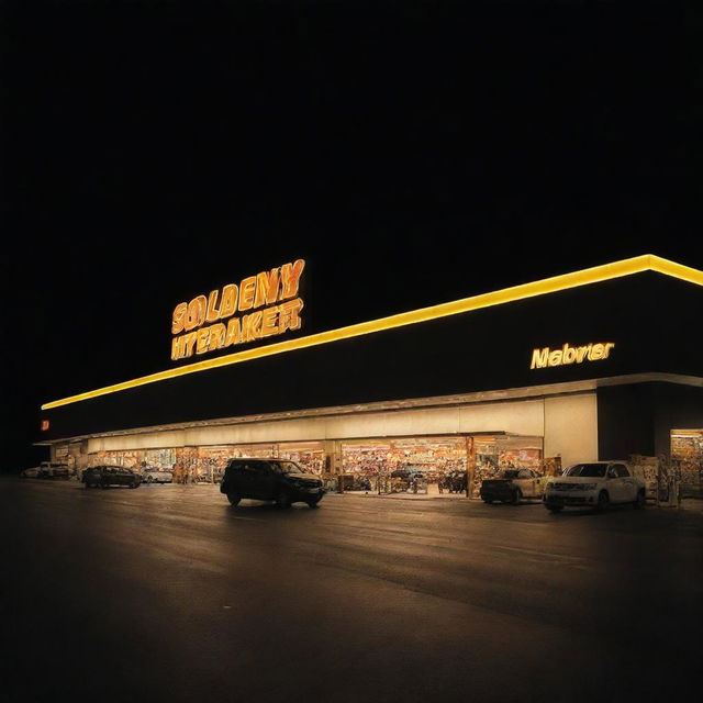 A golden hypermarket shining bright against a stark black background