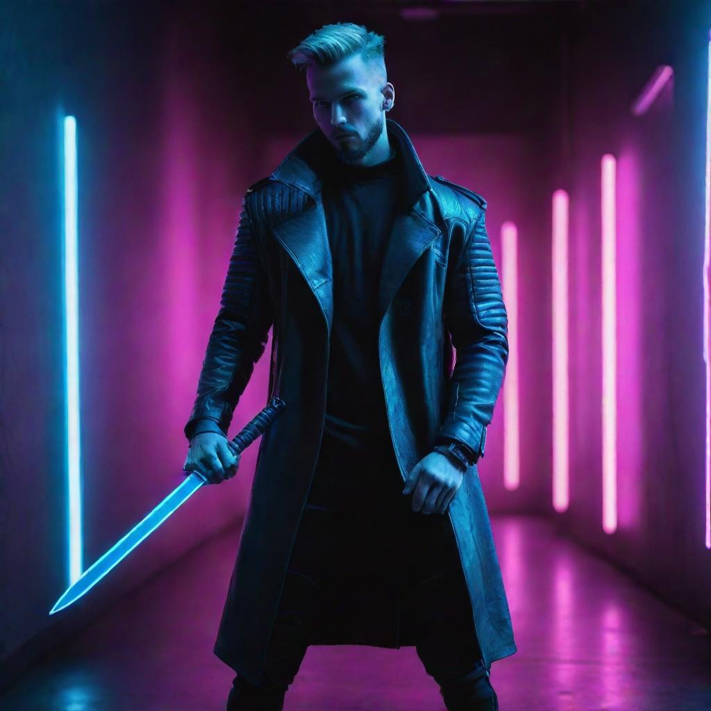 Stylish man in cyberpunk attire wielding a dagger. He should exude a cool composure with neon-infused backdrop, reflective of the techno-futuristic vibe of the cyberpunk genre.