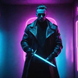 Stylish man in cyberpunk attire wielding a dagger. He should exude a cool composure with neon-infused backdrop, reflective of the techno-futuristic vibe of the cyberpunk genre.