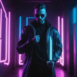 Stylish man in cyberpunk attire wielding a dagger. He should exude a cool composure with neon-infused backdrop, reflective of the techno-futuristic vibe of the cyberpunk genre.