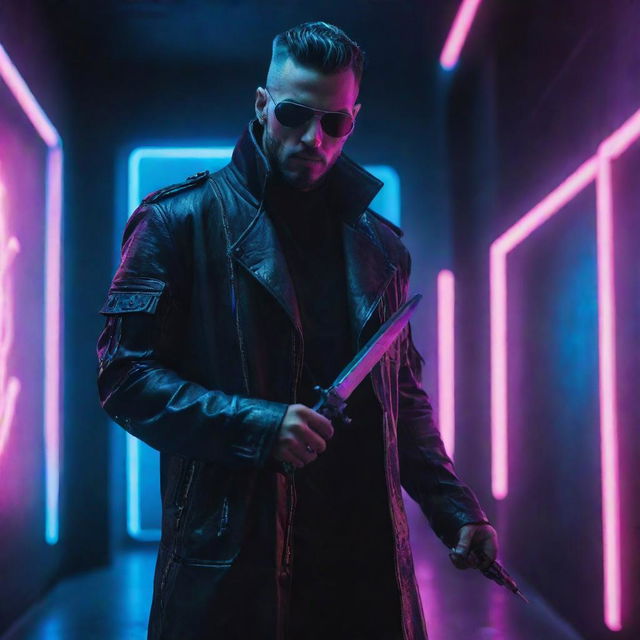 Stylish man in cyberpunk attire wielding a dagger. He should exude a cool composure with neon-infused backdrop, reflective of the techno-futuristic vibe of the cyberpunk genre.