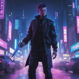 Anime-inspired illustration of a stylish man in cyberpunk attire wielding a dagger. Surround him with a neon-infused, techno-futuristic cityscape backdrop to capture the essence of cyberpunk.