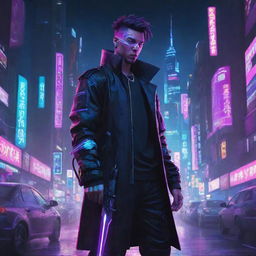 Anime-inspired illustration of a stylish man in cyberpunk attire wielding a dagger. Surround him with a neon-infused, techno-futuristic cityscape backdrop to capture the essence of cyberpunk.