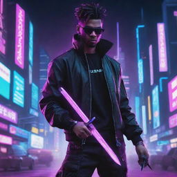 Anime-inspired illustration of a stylish man in cyberpunk attire wielding a dagger. Surround him with a neon-infused, techno-futuristic cityscape backdrop to capture the essence of cyberpunk.