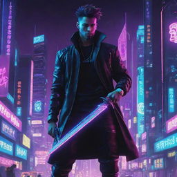 Anime-inspired illustration of a stylish man in cyberpunk attire wielding a dagger. Surround him with a neon-infused, techno-futuristic cityscape backdrop to capture the essence of cyberpunk.