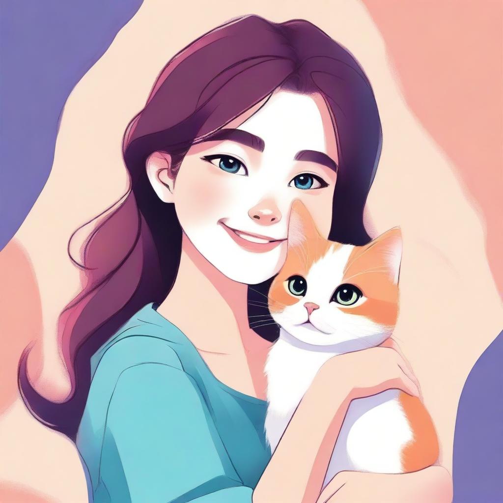 A high-quality digital art image showcasing a girl with a cute cat