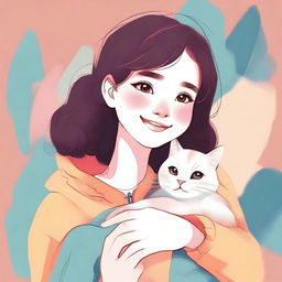 A high-quality digital art image showcasing a girl with a cute cat