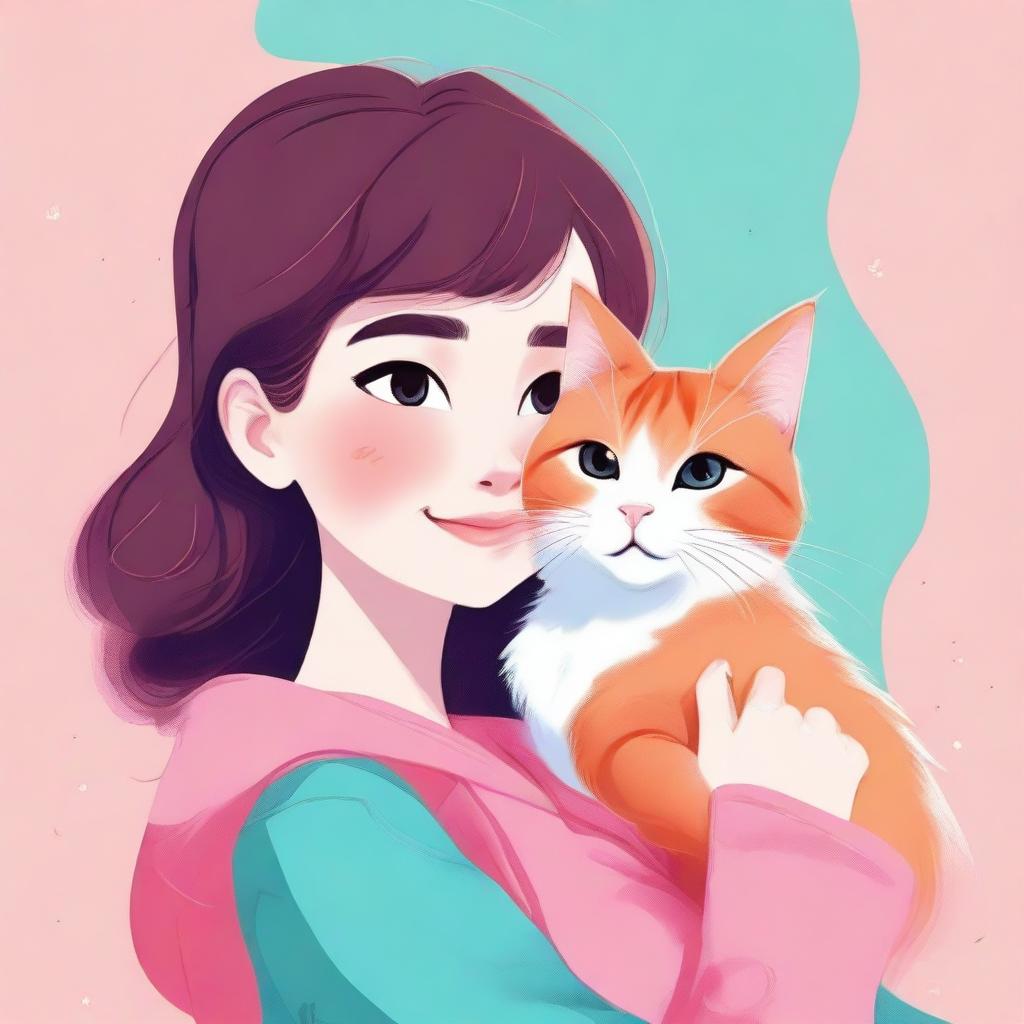 A high-quality digital art image showcasing a girl with a cute cat