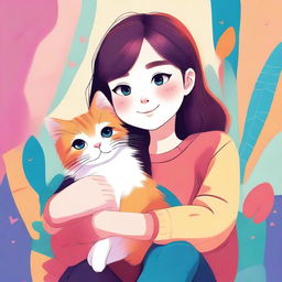 A high-quality digital art image showcasing a girl with a cute cat