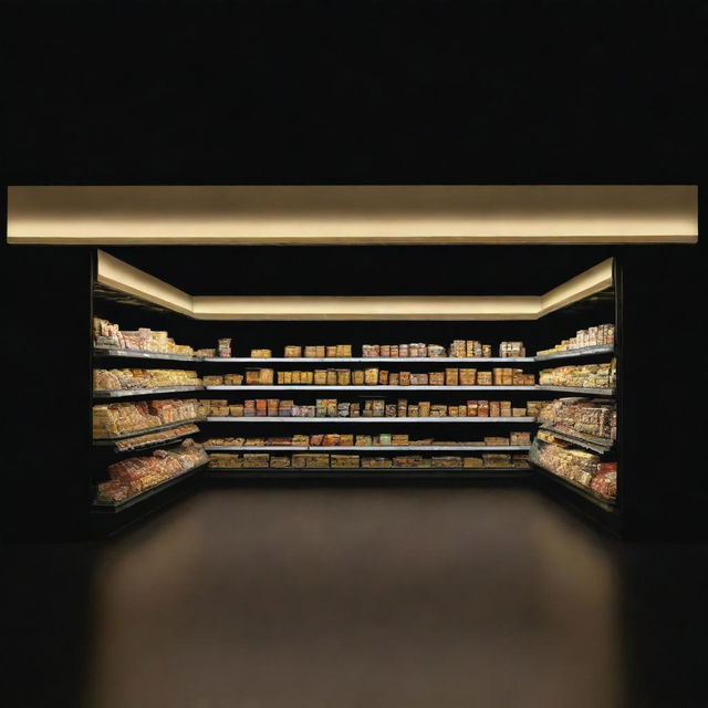 A simple, gold-tinted supermarket on a black background