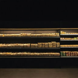 A simple, gold-tinted supermarket on a black background