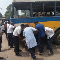 A sudden argument breaks out among the passengers of the broken-down bus as the technician continues to repair it.