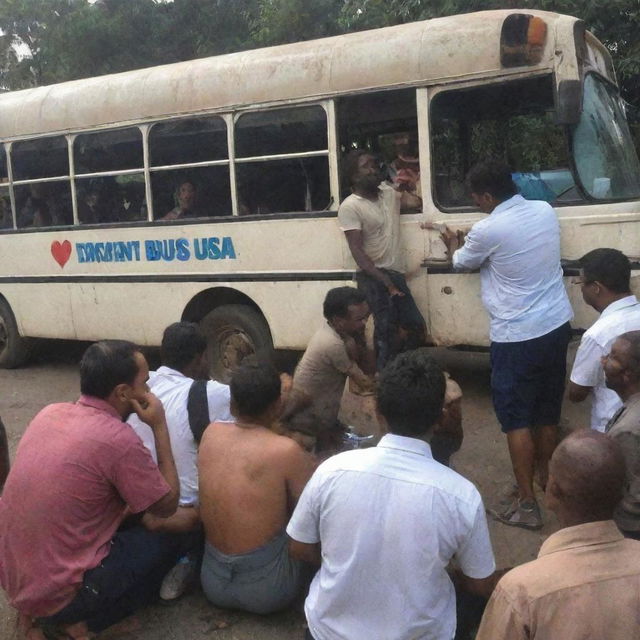 A sudden argument breaks out among the passengers of the broken-down bus as the technician continues to repair it.