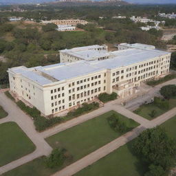 An architectural image of RNT Medical College in Udaipur, India showcasing the main building and surrounding campus under a bright, clear, midday sky.