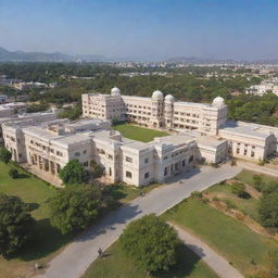 An architectural image of RNT Medical College in Udaipur, India showcasing the main building and surrounding campus under a bright, clear, midday sky.