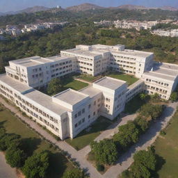 An architectural image of RNT Medical College in Udaipur, India showcasing the main building and surrounding campus under a bright, clear, midday sky.