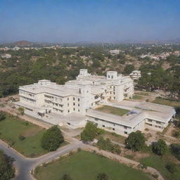 An architectural image of RNT Medical College in Udaipur, India showcasing the main building and surrounding campus under a bright, clear, midday sky.