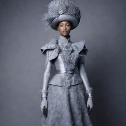 A high-fashion look featuring an avant-garde, couture ensemble on a monochromatic background.