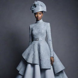 A high-fashion look featuring an avant-garde, couture ensemble on a monochromatic background.