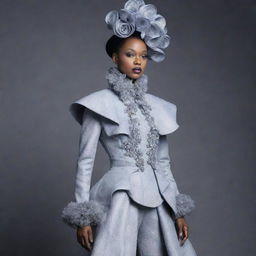 A high-fashion look featuring an avant-garde, couture ensemble on a monochromatic background.