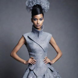 A high-fashion look featuring an avant-garde, couture ensemble on a monochromatic background.