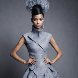 A high-fashion look featuring an avant-garde, couture ensemble on a monochromatic background.