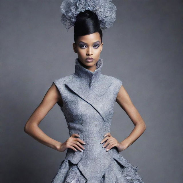 A high-fashion look featuring an avant-garde, couture ensemble on a monochromatic background.