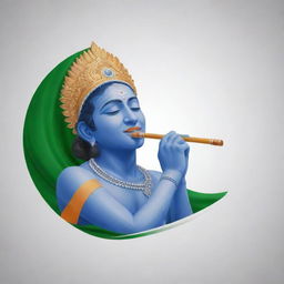 Indian flag fluttering in the wind with a realistic representation of Lord Krishna playing flute, symbolically conceptualized in the center.