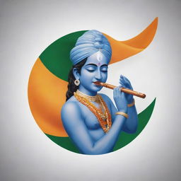 Indian flag fluttering in the wind with a realistic representation of Lord Krishna playing flute, symbolically conceptualized in the center.